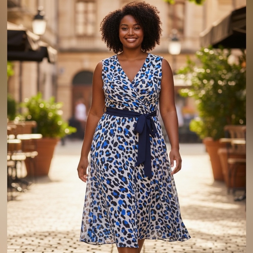 Blue Leopard Print Wrap Dress